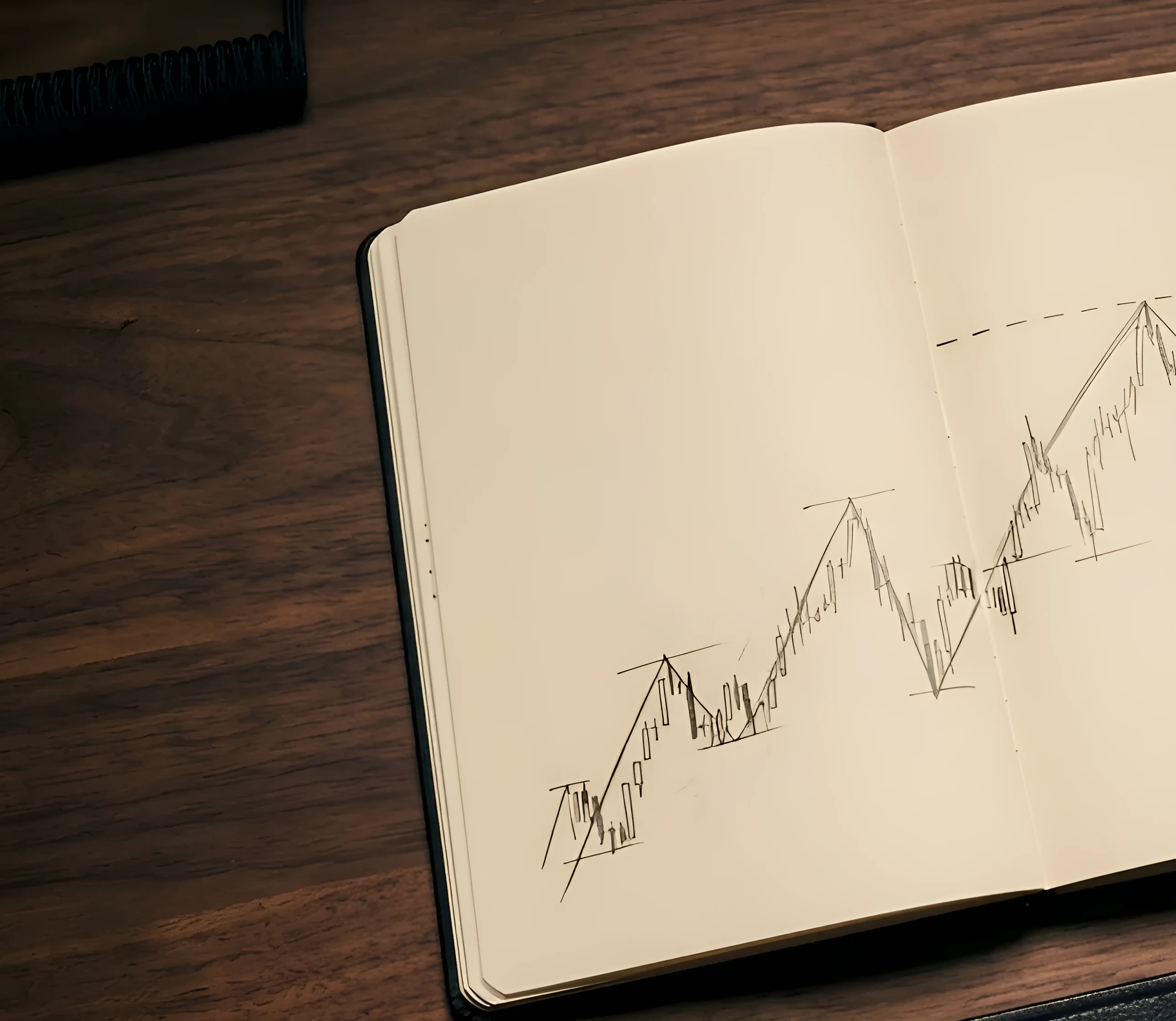 An open notebook with a hand-drawn chart: price climbing through higher highs to a new high
