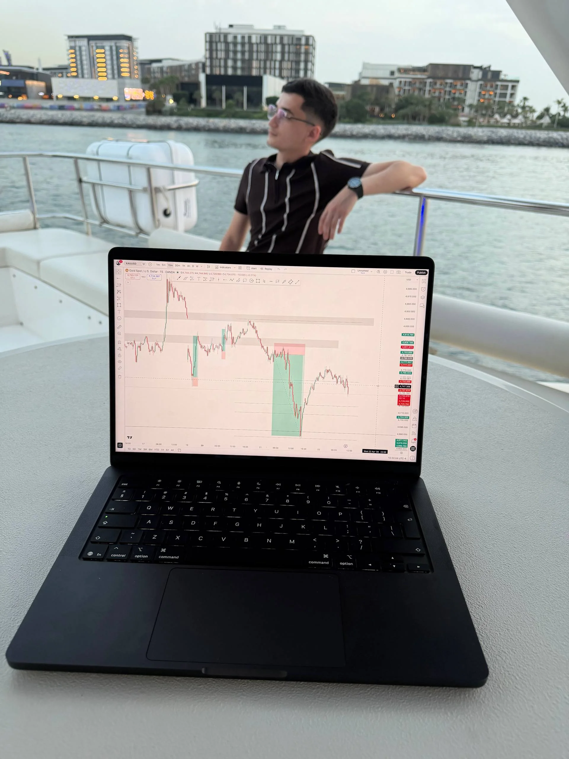 Su on a boat, his laptop open on a gold chart